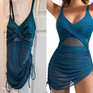 NWT SUUKSESS Mesh Crossover Dress Bathing Suit * Dark Cyan * Adjustable * Small